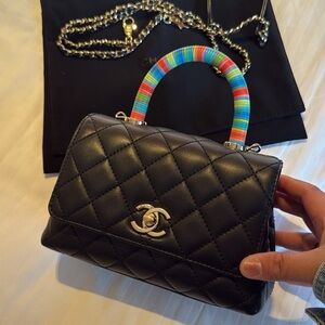 CHANEL Black Quilted Crossbody Bag with Multicolor Handle